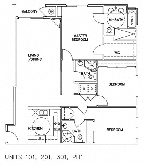 Floor plan for 3 beds, 3 baths, 1400 sqft